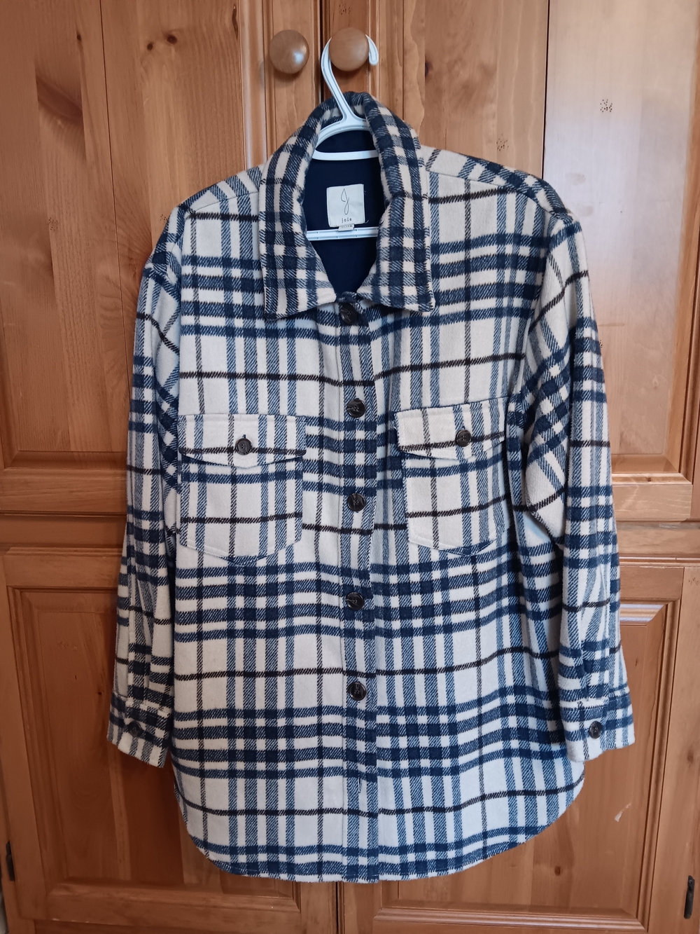 Joie Blue and Cream Plaid Button-Front Casual Shirt Jacket